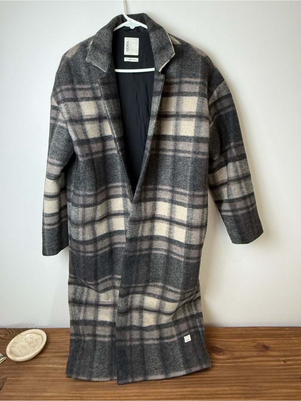 Vuori Plaid Long Open Front Wool Blend Coat - Gray & Cream